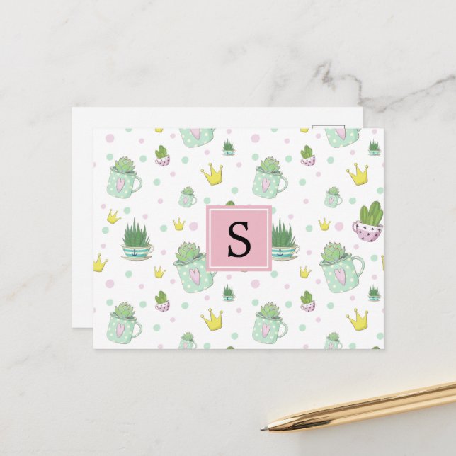 Pattern Of Succulents, Cactus Pattern, Monogram Postcard (Front/Back In Situ)