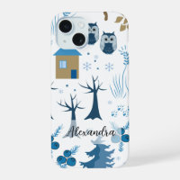 Pattern of Trees, Owls, Pine Trees and Snowflakes