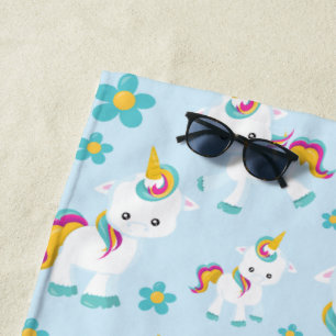 Pattern Of Unicorns, Cute Unicorns, Flowers Beach Towel