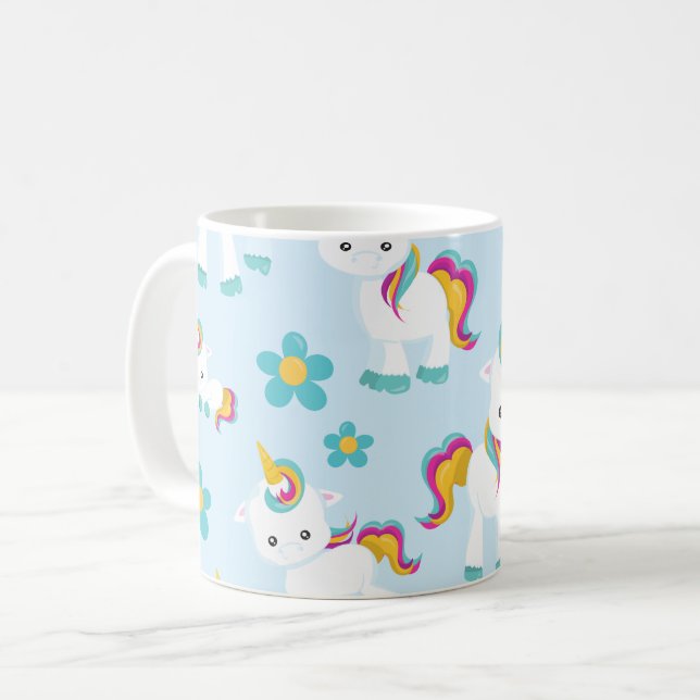 Pattern Of Unicorns, Cute Unicorns, Flowers Coffee Mug (Front Left)
