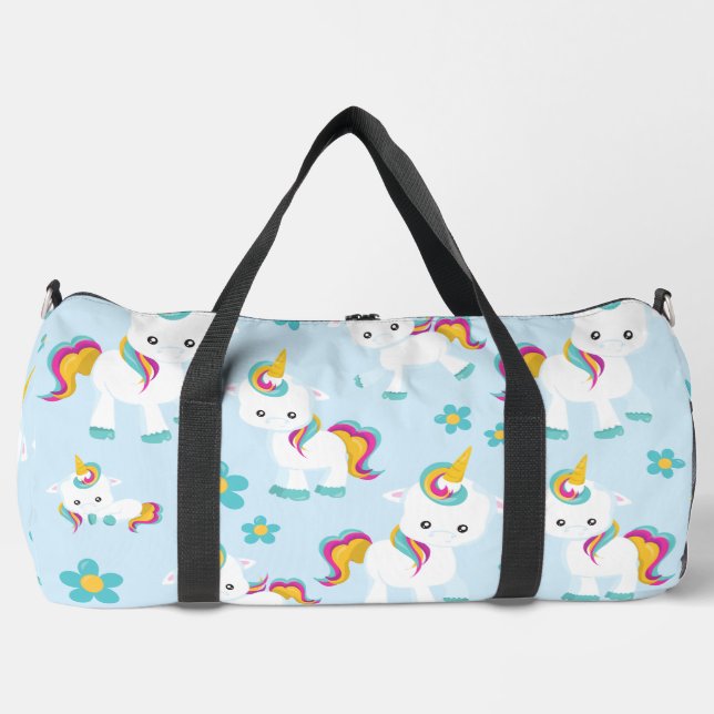 Pattern Of Unicorns, Cute Unicorns, Flowers Duffle Bag (Front)