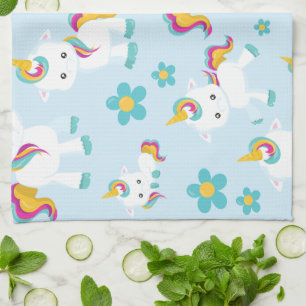 Pattern Of Unicorns, Cute Unicorns, Flowers Tea Towel