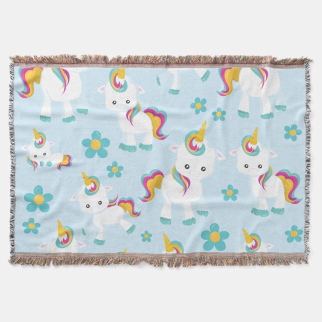 Pattern Of Unicorns, Cute Unicorns, Flowers Throw Blanket (Front)