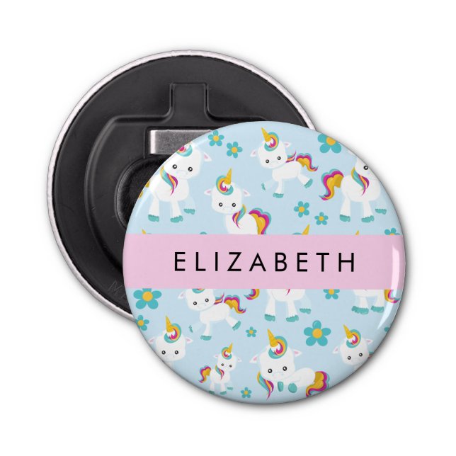 Pattern Of Unicorns, Cute Unicorns, Your Name Bottle Opener (Front)