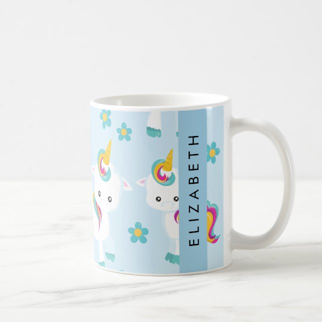 Pattern Of Unicorns, Cute Unicorns, Your Name Coffee Mug (Right)