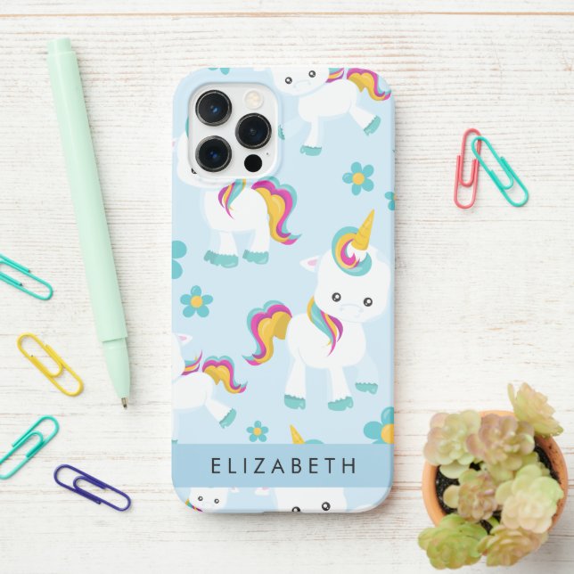 Pattern Of Unicorns, Cute Unicorns, Your Name iPhone Case (On Desk)