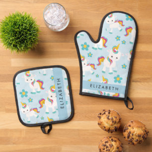 Pattern Of Unicorns, Cute Unicorns, Your Name Oven Mitt & Pot Holder Set