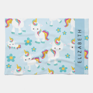Pattern Of Unicorns, Cute Unicorns, Your Name Tea Towel