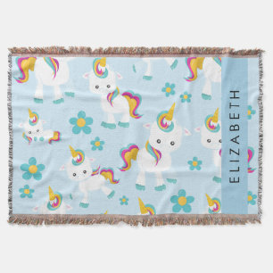 Pattern Of Unicorns, Cute Unicorns, Your Name Throw Blanket