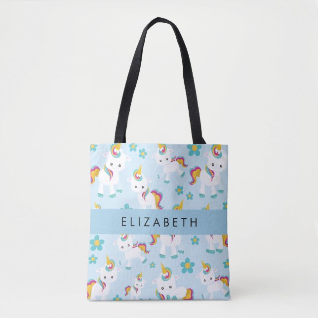 Pattern Of Unicorns, Cute Unicorns, Your Name Tote Bag (Front)