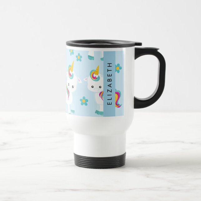 Pattern Of Unicorns, Cute Unicorns, Your Name Travel Mug (Right)