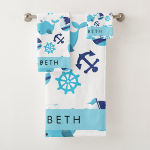 Pattern Of Whales, Blue Whales, Your Name Bath Towel Set