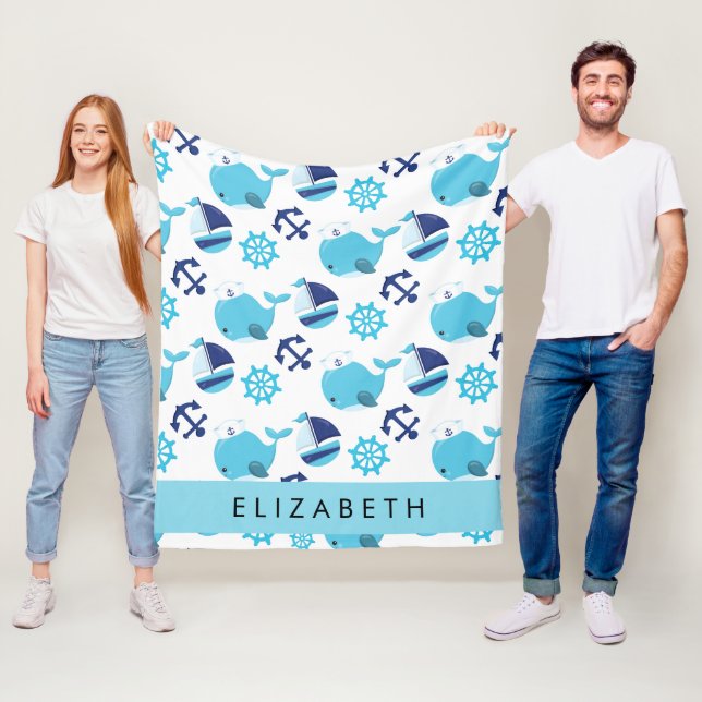 Pattern Of Whales, Blue Whales, Your Name Fleece Blanket (In Situ)