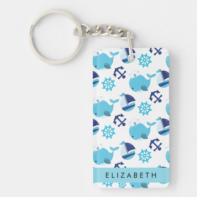 Pattern Of Whales, Blue Whales, Your Name Key Ring (Front)
