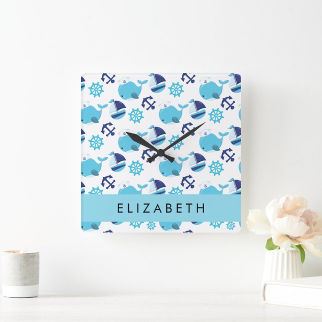 Pattern Of Whales, Blue Whales, Your Name Square Wall Clock (Home)