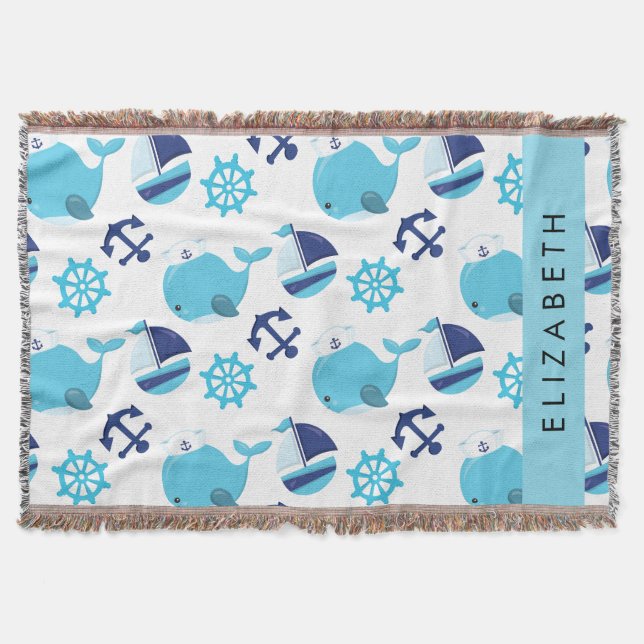 Pattern Of Whales, Blue Whales, Your Name Throw Blanket (Front)