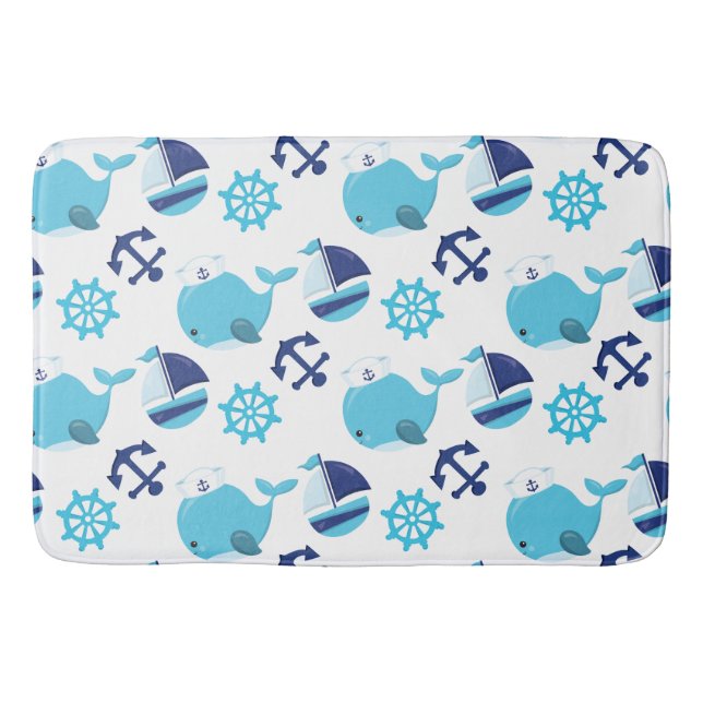 Pattern Of Whales, Cute Whales, Blue Whales Bath Mat (Front)