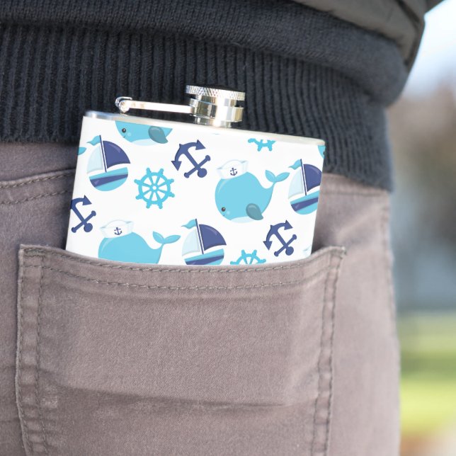 Pattern Of Whales, Cute Whales, Blue Whales Hip Flask (In Situ)