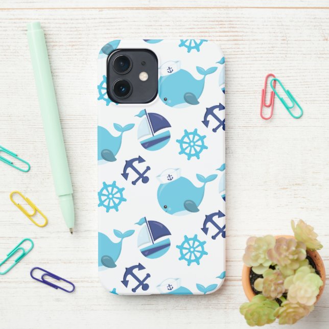 Pattern Of Whales, Cute Whales, Blue Whales iPhone Case (On Desk)