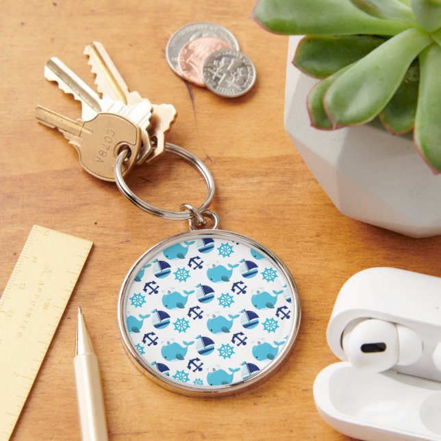 Pattern Of Whales, Cute Whales, Blue Whales Key Ring (Desk)
