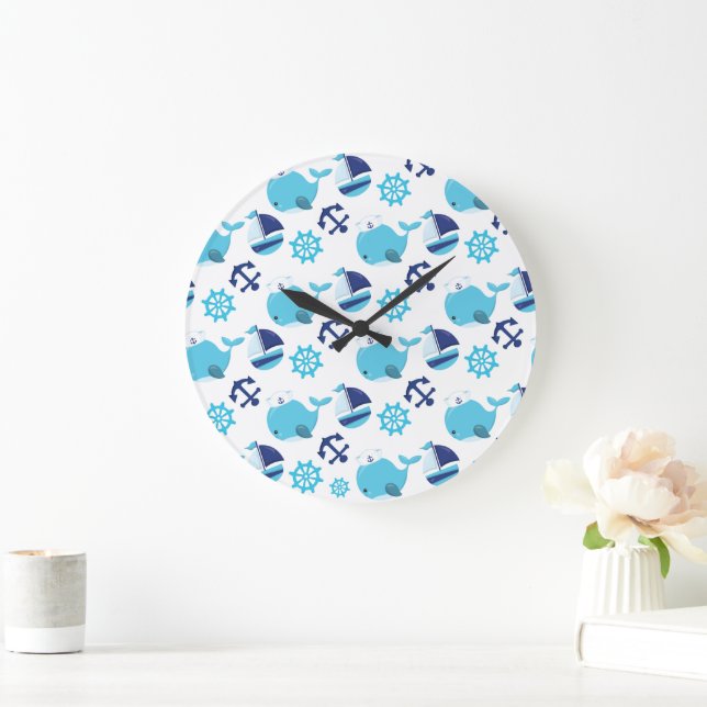 Pattern Of Whales, Cute Whales, Blue Whales Large Clock (Home)