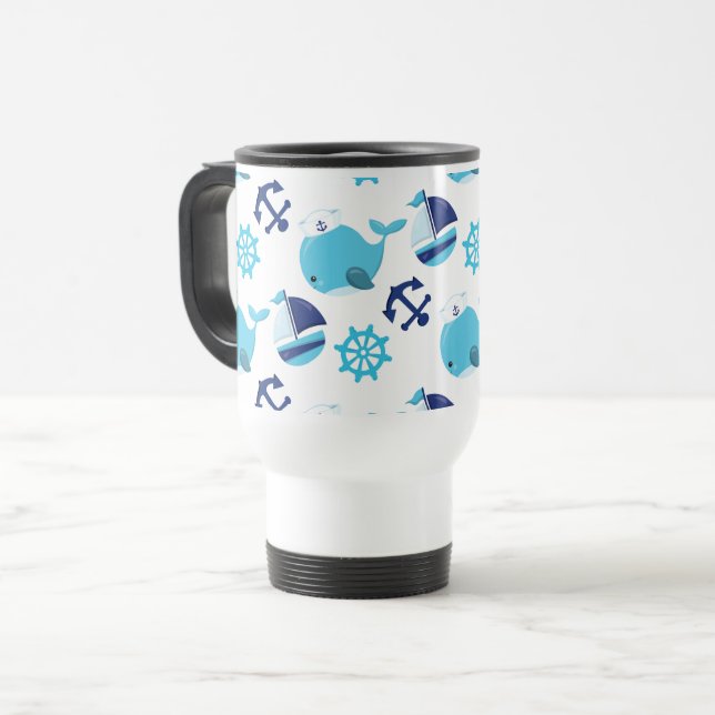 Pattern Of Whales, Cute Whales, Blue Whales Travel Mug (Front Left)