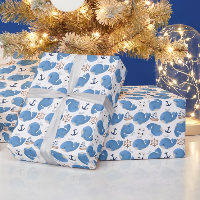 Pattern Of Whales, Cute Whales, Blue Whales Wrapping Paper (Holidays)