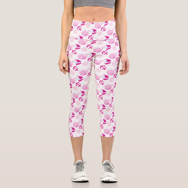 Pattern Of Whales, Cute Whales, Pink Whales Capri Leggings (Front)