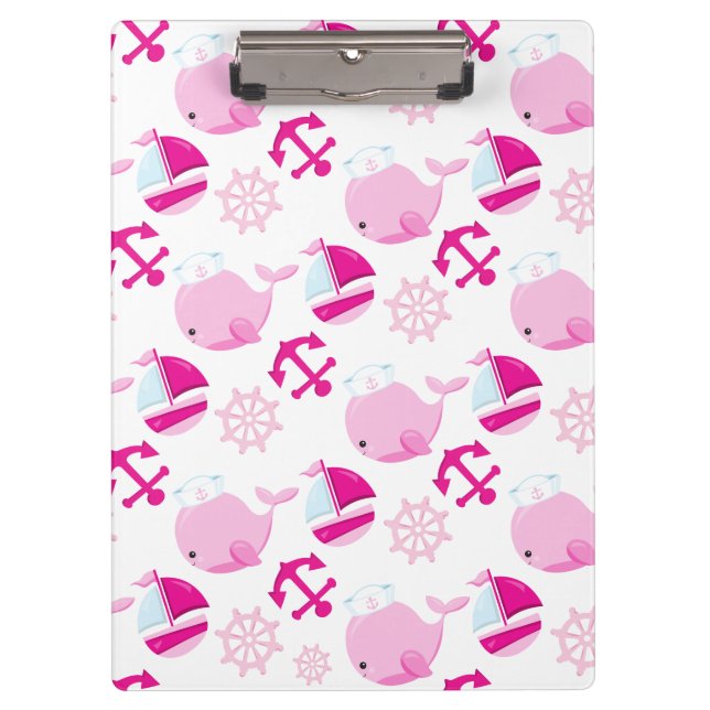 Pattern Of Whales, Cute Whales, Pink Whales Clipboard (Front)