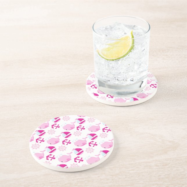 Pattern Of Whales, Cute Whales, Pink Whales Coaster (Side)