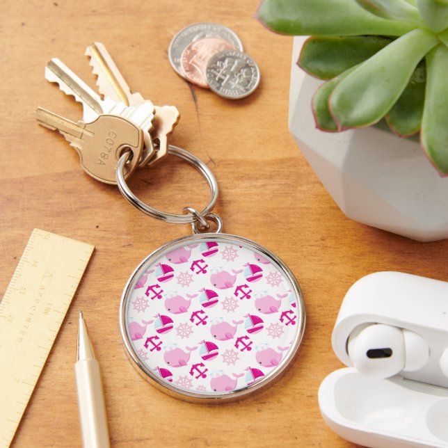 Pattern Of Whales, Cute Whales, Pink Whales Key Ring (Desk)