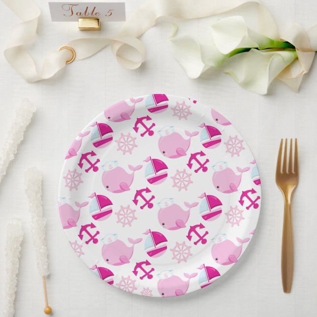 Pattern Of Whales, Cute Whales, Pink Whales Paper Plate (Wedding)