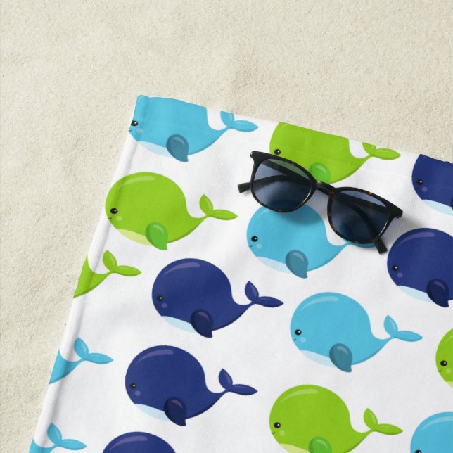 Pattern Of Whales, Cute Whales, Sea Animals Beach Towel (In Situ)