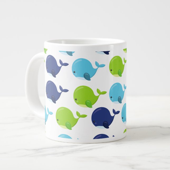 Pattern Of Whales, Cute Whales, Sea Animals Large Coffee Mug (Front Left)