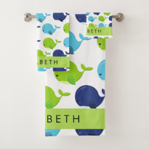 Pattern Of Whales, Cute Whales, Your Name Bath Towel Set