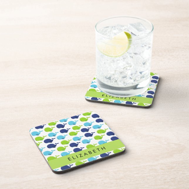 Pattern Of Whales, Cute Whales, Your Name Coaster (Right Side)