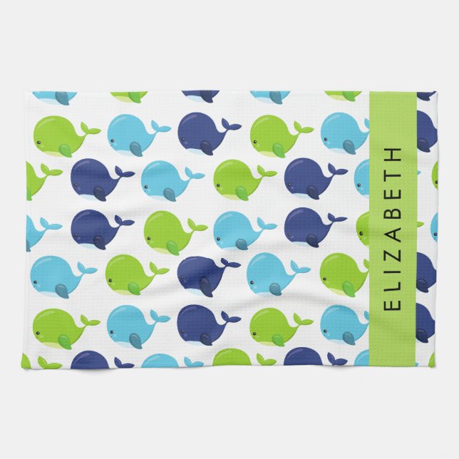 Pattern Of Whales, Cute Whales, Your Name Tea Towel (Horizontal)
