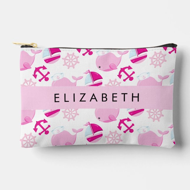 Pattern Of Whales, Pink Whales, Your Name Accessory Pouch (Front)