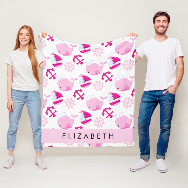 Pattern Of Whales, Pink Whales, Your Name Fleece Blanket (In Situ)