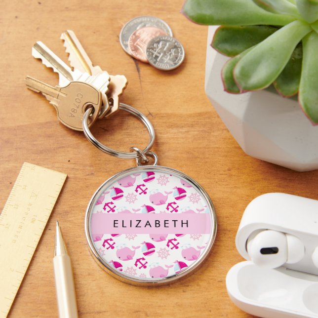 Pattern Of Whales, Pink Whales, Your Name Key Ring (Desk)