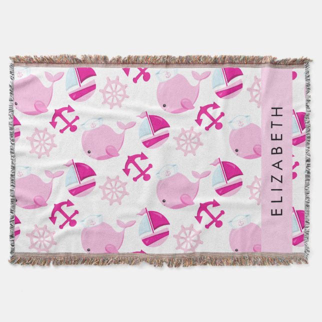Pattern Of Whales, Pink Whales, Your Name Throw Blanket (Front)