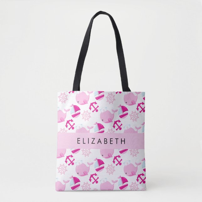 Pattern Of Whales, Pink Whales, Your Name Tote Bag (Front)