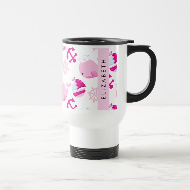Pattern Of Whales, Pink Whales, Your Name Travel Mug (Right)