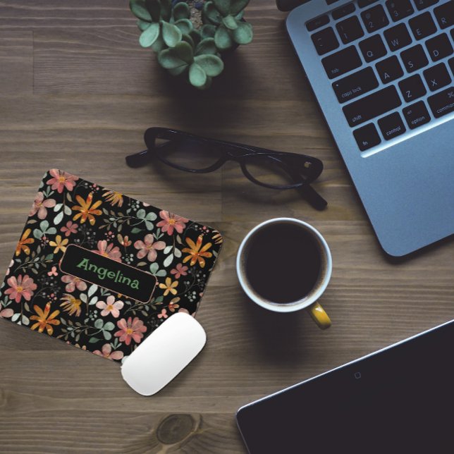 Pattern  pink watercolor botanical black mouse pad (Creator Uploaded)
