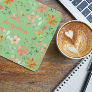 Pattern pink watercolor botanical green mouse pad