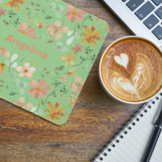 Pattern pink watercolor botanical green mouse pad