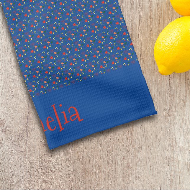 Pattern red yellow mini wildflower blue tea towel (Creator Uploaded)