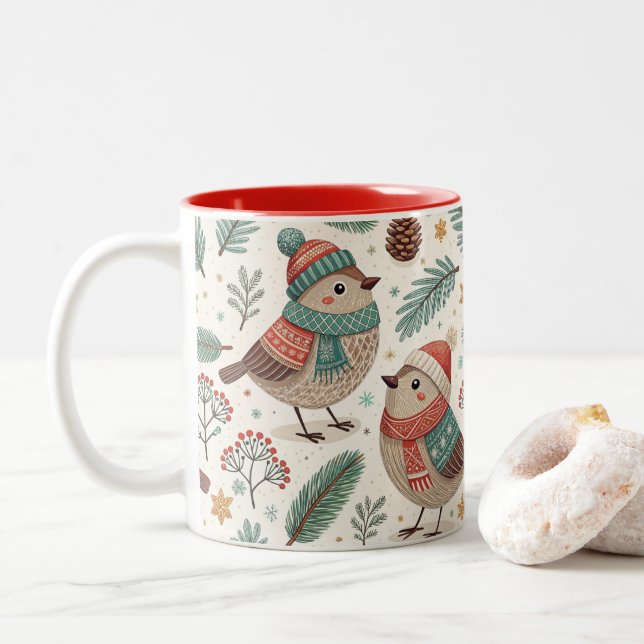 Pattern Scandinavian Christmas Birds Two-Tone Coffee Mug (With Donut)