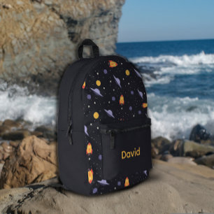 Pattern space lavender orange black name printed backpack