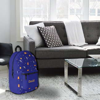 Pattern space lavender orange gray name printed backpack